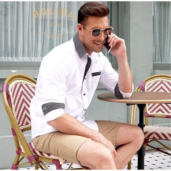 TINKWELL Shirt Men’s Long Sleeve Casual Button Up Slim Fit XL White Black NWT - Picture 1 of 10